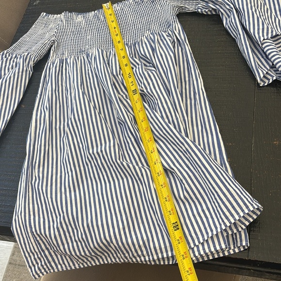 Zara Woman Off Shoulder Shirred Tunic or Mini Dress Coastal Stripe White Blue XS - Picture 7 of 9